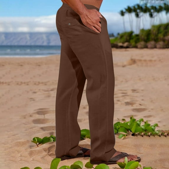 Azrian Pleated Regular Fit Pants Men Solid Casual Elastic Waistband Pocket Cotton Linen Panel Trousers Pants