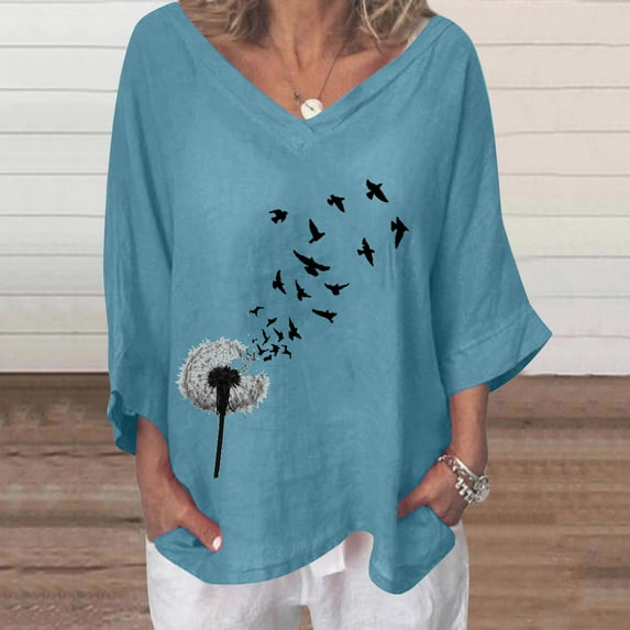 Azrian Plus Size Blouses Fashion Women's Summer V-Neck Short Sleeve Print Casual T-shirt Blouse