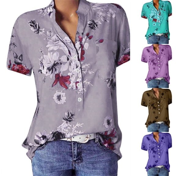 Azrian Plus Size Blouses Summer Tops For Women Short Sleeve Split Neck Shirts Flower Print Elegant Blouses With Chest Pocket