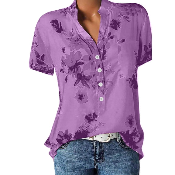 Azrian Plus Size Blouses Summer Tops For Women Short Sleeve Split Neck Shirts Flower Print Elegant Blouses With Chest Pocket