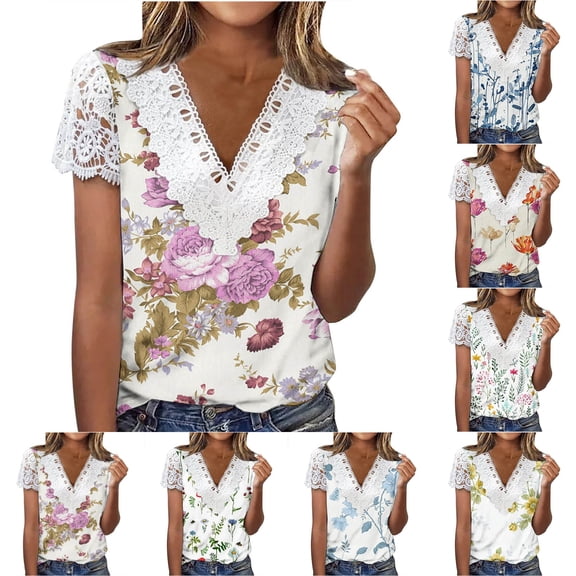 Azrian Plus Size Blouses Women Fashion Summer Fold Printed Regular Women Short Sleeves V Neck Button Top