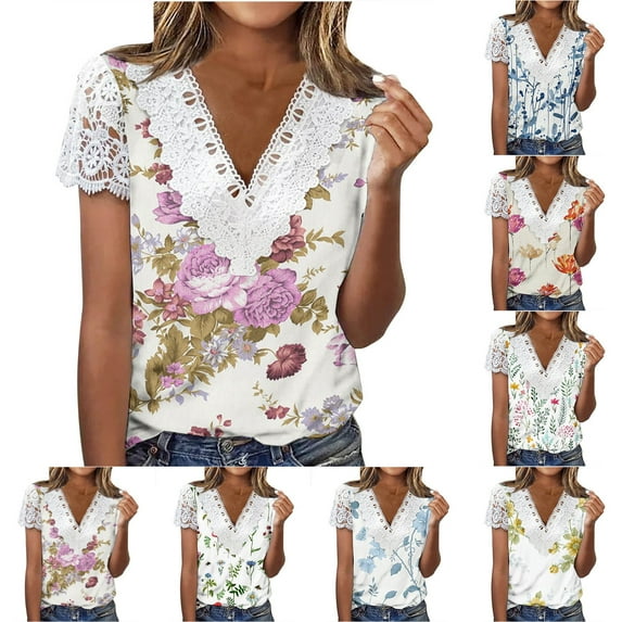 Azrian Plus Size Blouses Women Fashion Summer Fold Printed Regular Women Short Sleeves V Neck Button Top