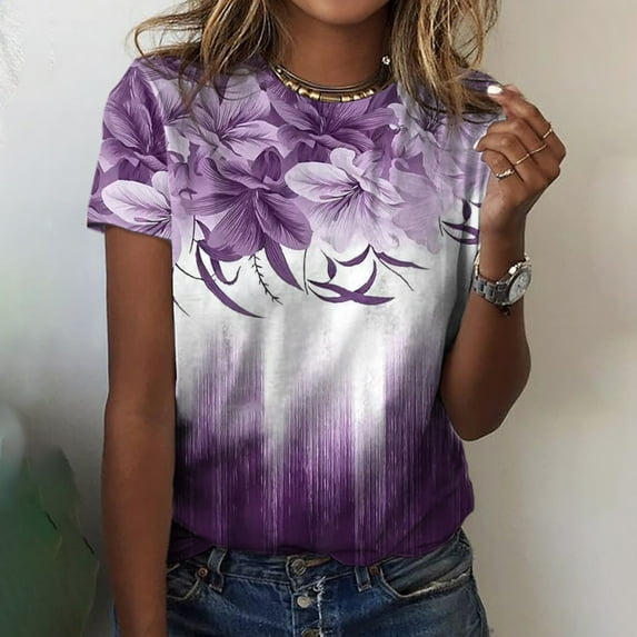 Azrian Plus Size Blouses Women's Fashion Printed T-shirt Short Sleeves Blouse Round Neck Casual Tops