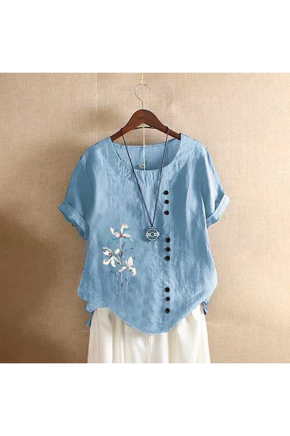 Plus Size Blouses Women's Fashion Summer Round Neck Leisure Short Sleeve Printed Buttons Tops