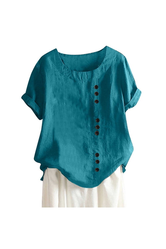 Plus Size Blouses Women's Fashion Summer Round Neck Leisure Short Sleeve Solid Buttons Tops