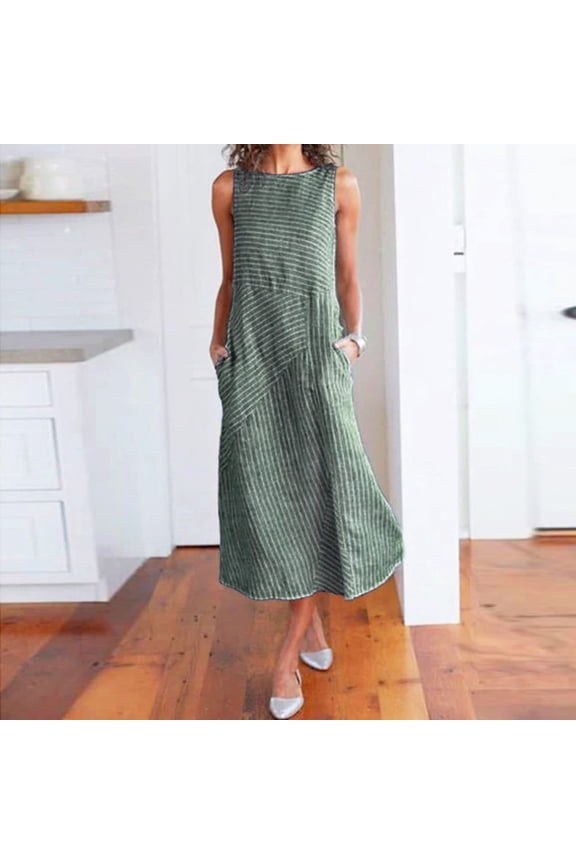 Plus Size Dresses,Womens Clothes,Women Casual Striped Print Sleeveless Dress Neck Linen Pocket Long Dress Season