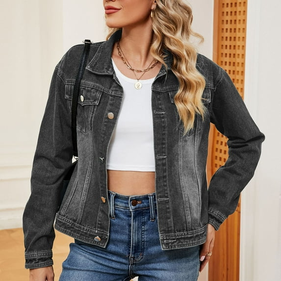 Azrian Plus Size Sweats for Womens,Women's Fashion Color Lapel Look Slimmer Sleeve Denim Jacket M,Black Deals Cheap on Sale