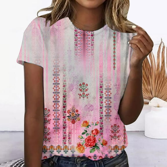 Azrian Plus Size Tops,Womens Shirts,Womens Blouses Women's Casual Retro Printed Round Neck Short Sleeved Top Season