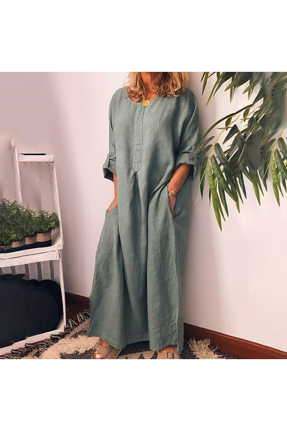 Plus Size Women Dress Fashion Women Summer Casual Full Sleeve O-Neck Solid Linen Long Dress