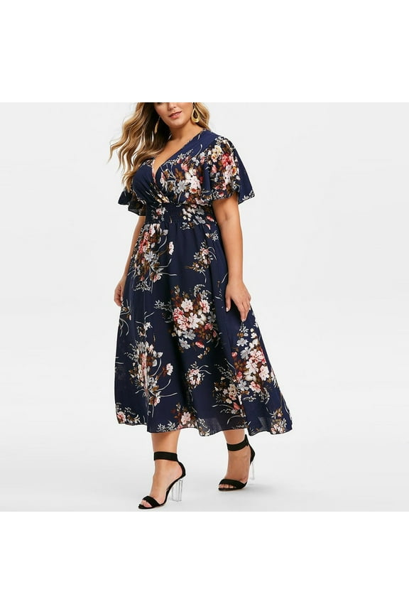Plus Size Women Dress Plus Size Fashion Women Floral Printed V-Neck Short Sleeve Casual Dress