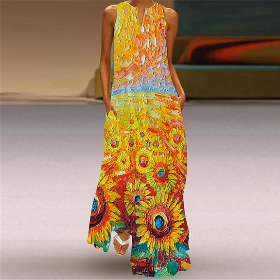 Azrian Plus Size Women Dress Women's Casual Long Dress with Striped Floral Print Sleeveless Maxi Dress