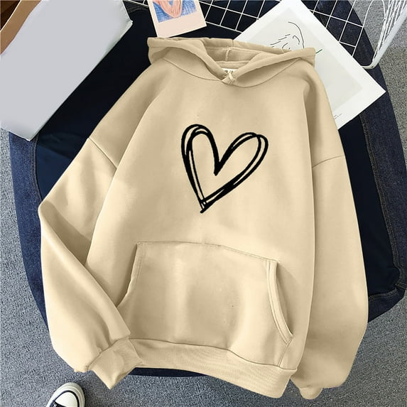 Azrian Prime Day Deals Today 2023,Women's Comfortable Sweater Heart Pattern Printed Women's Hooded Pocket Drawstring Sweater Clearance Sale