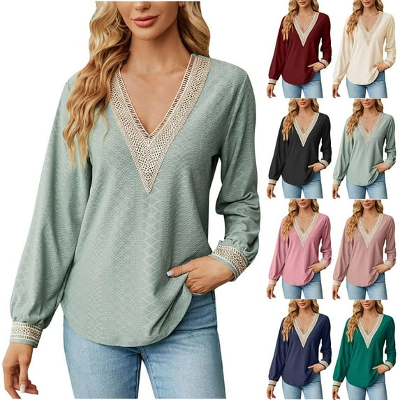 Azrian Prime Day Today,Women's Fashion Solid V-Neck Lace Long Sleeve Loose T-shirt Top