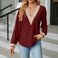 thumbnail image 1 of Azrian Prime Day Deals Today 2023,Women's Fashion Solid V-Neck Lace Long Sleeve Loose T-shirt Top Clearance Sale, 1 of 6