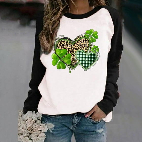 Azrian Shirt Fashion Women's Spring Patchwork St. Patrick's Day Printed Long Sleeves Round Neck Casual Tee Tops