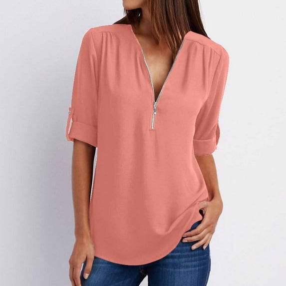 Azrian Shirt Women's Summer Long Sleeve Shirts Zip Casual Tunic V-Neck Rollable Blouse Tops