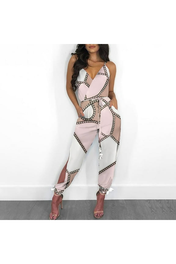 Sleeveless Jumpsuit for Women, Overall Rompers Womens Wide Leg Pants Striped Printed Sling Hollow Leg Siamese Pants With Belt