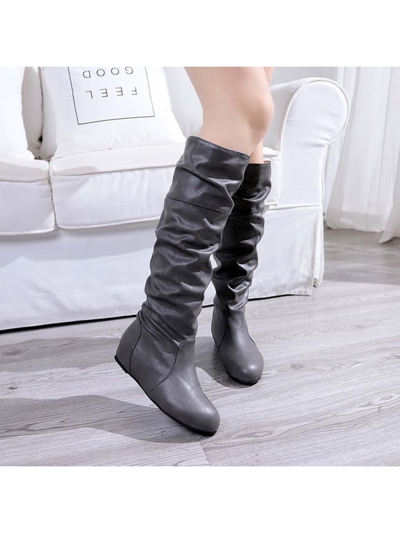 Snow Boots for Women 2024 Solid Color Women's Solid Color Long Boots Flat Heels Round-Toe Knee High Boot Gray Womens Snow Boots Winter Boots for Women