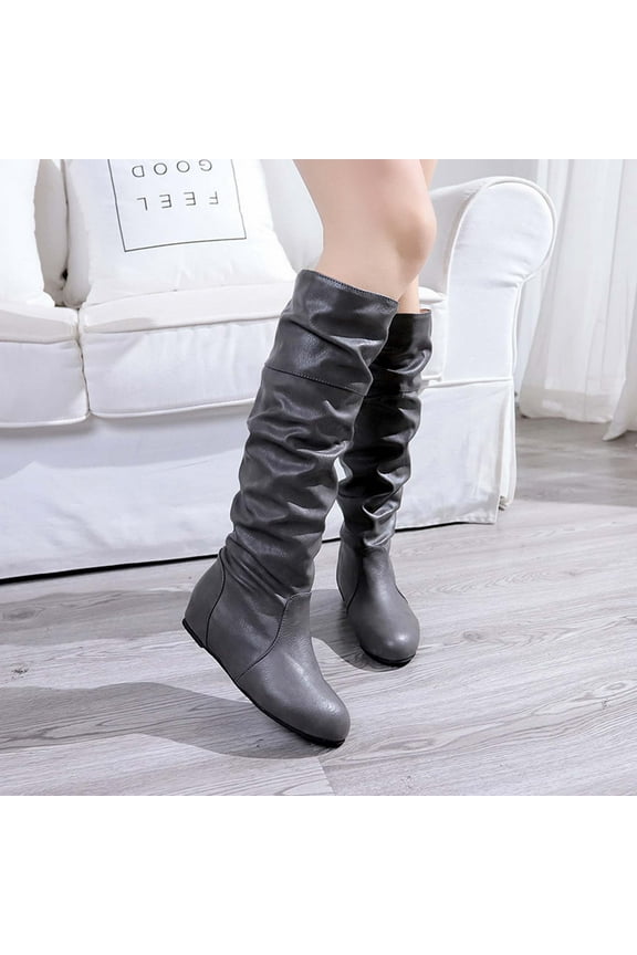 Snow Boots for Women 2024 Solid Color Women's Solid Color Long Boots Flat Heels Round-Toe Knee High Boot Gray Womens Snow Boots Winter Boots for Women