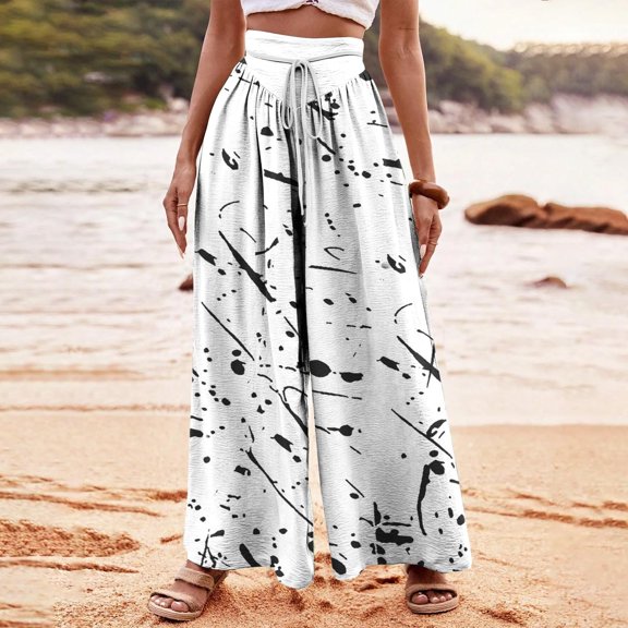 Azrian Summer Casual Long Trousers for Women Woman Printing Elastic Waist Drawstring Wide Leg Long Pants