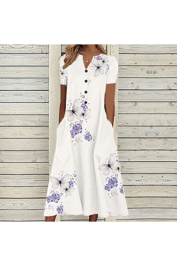 Summer Dresses,Dress Plus Size Fashion Women Casual Loose Butterfly Printing V-Neck Short Sleeve Button Pockets Long Dress