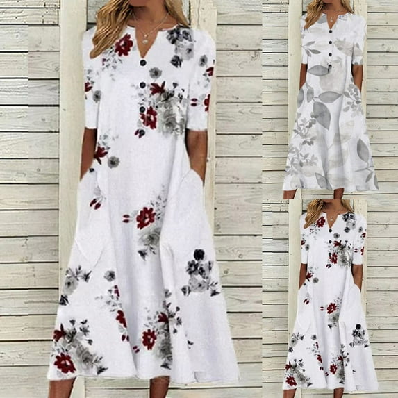 Azrian Summer Dresses,Dress Plus Size Women's Summer Casual V-Neck Short Sleeve Printed With Pocket Dresses