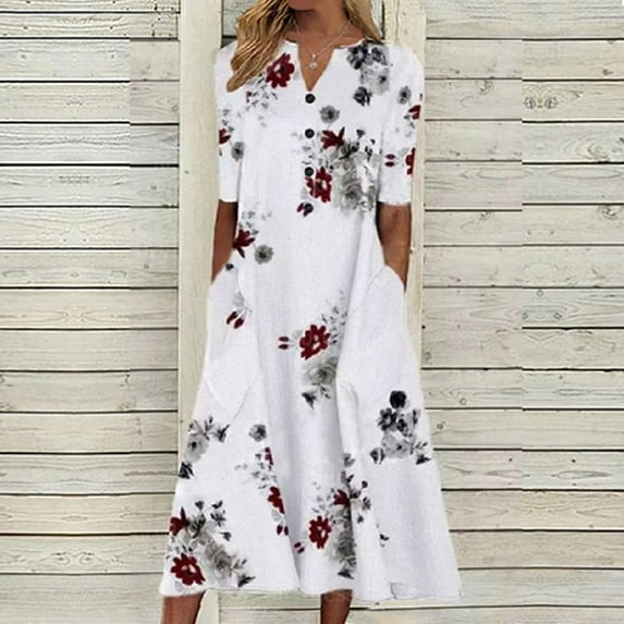 Azrian Summer Dresses 2023, Dress Plus Size Clearance Women's Summer Casual V-Neck Short Sleeve Printed With Pocket Dresses