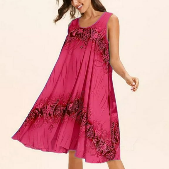 Azrian Summer Dresses,Dress Plus Size Women's Summer Fashion Casual Round-neck Sleeveless Floral Midi Dress Beach Loose Sundress