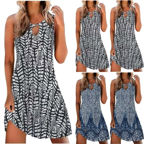 Azrian Summer Dresses Fashion Women Casual Round Neck Printing Dresses Summer Sleeveless Pullover Dress