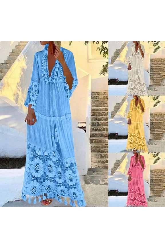 Summer Dresses,Plus Size Women Dress Fashion Casual Bohemian Large Size V-Neck Solid Color Lace Tassel Long Dress