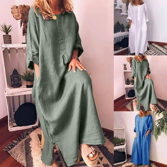 Azrian Summer Dresses,Plus Size Women Dress Fashion Women Summer Casual Full Sleeve O-Neck Solid Linen Long Dress