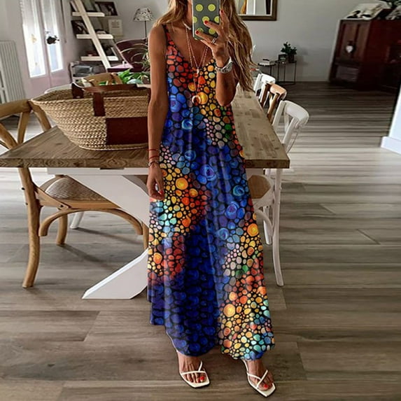 Azrian Summer Dresses,Plus Size Women Dress Fashion Women Summer V-Neck Casual Printing Loose Sleeveless Loose Long Dress