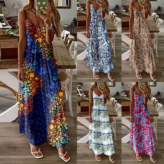 Azrian Summer Dresses,Plus Size Women Dress Fashion Women Summer V-Neck Casual Printing Loose Sleeveless Loose Long Dress