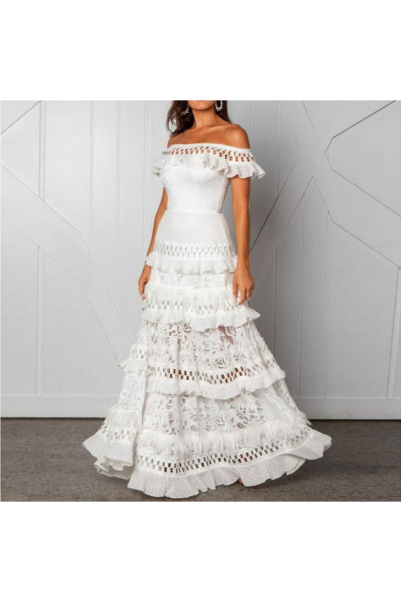 Summer Dresses,Plus Size Women Dress Women Lace Summer Maxi Dress Stapless Cascading Ruffle Dress Hollow Out Female Party Dresses Night Club