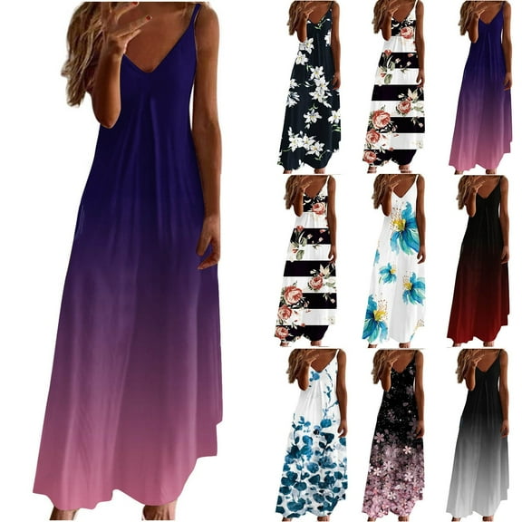 Azrian Summer Dresses,Plus Size Women Dress Women's Fashion Casual Summer Pocket Sleeveless Lace Print V-Neck Dress