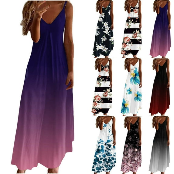 Azrian Summer Dresses,Plus Size Women Dress Women's Fashion Casual Summer Pocket Sleeveless Lace Print V-Neck Dress