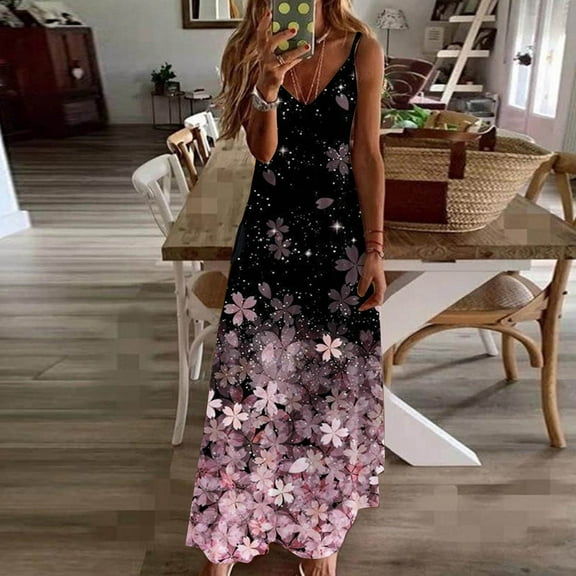 Azrian Summer Dresses,Plus Size Women Dress Women's Fashion Casual Summer Pocket Sleeveless Lace Print V-Neck Dress