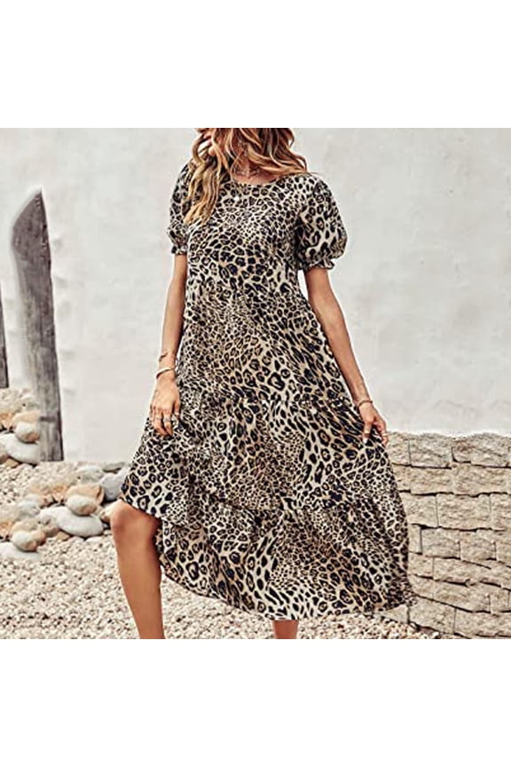 Summer Dresses,Plus Size Women Dress Women's Summer Casual Boho Dress Floral Print Ruffle Puff Sleeve Printed High Waist Midi Beach Dresses
