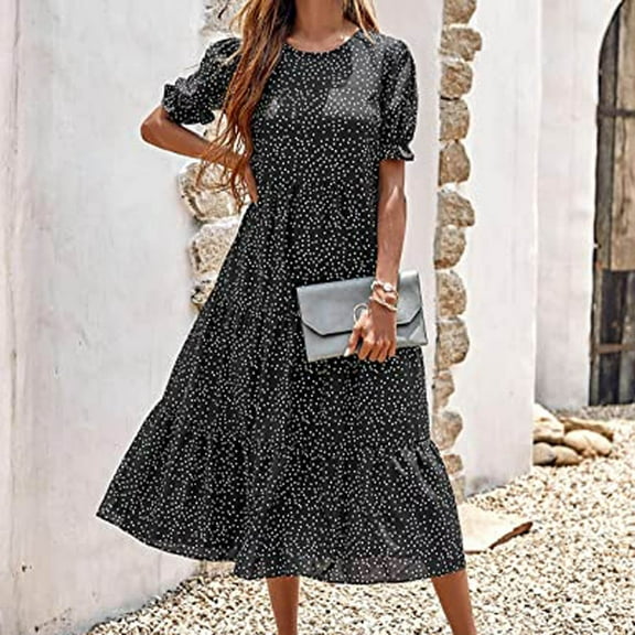 Azrian Summer Dresses,Plus Size Women Dress Women's Summer Casual Boho Dress Floral Print Ruffle Puff Sleeve Printed High Waist Midi Beach Dresses