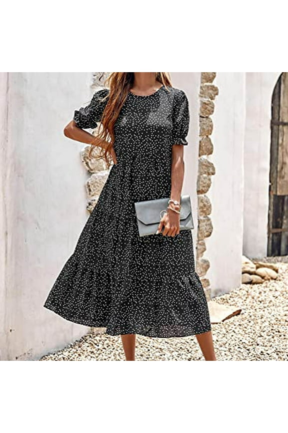 Summer Dresses,Plus Size Women Dress Women's Summer Casual Boho Dress Floral Print Ruffle Puff Sleeve Printed High Waist Midi Beach Dresses