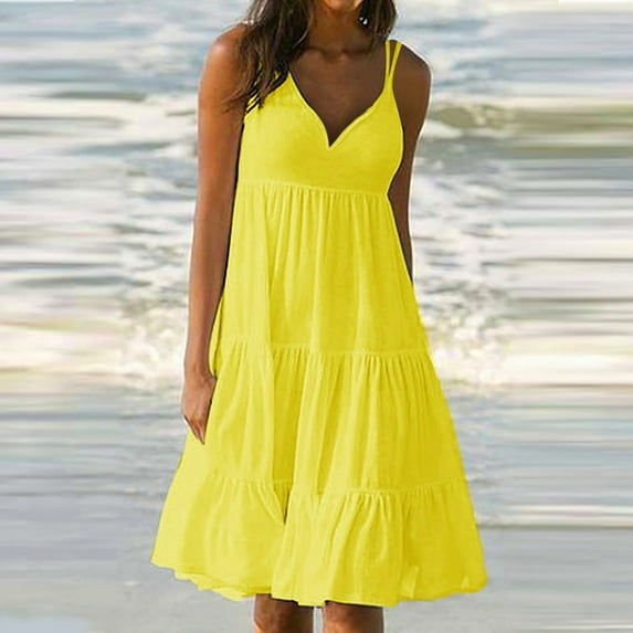 Azrian Summer Dresses 2023, Plus Size Women Dress Clearance Womens Fashion Holiday Summer Solid Color V Neck Sleeveless Party Beach Slip Dress