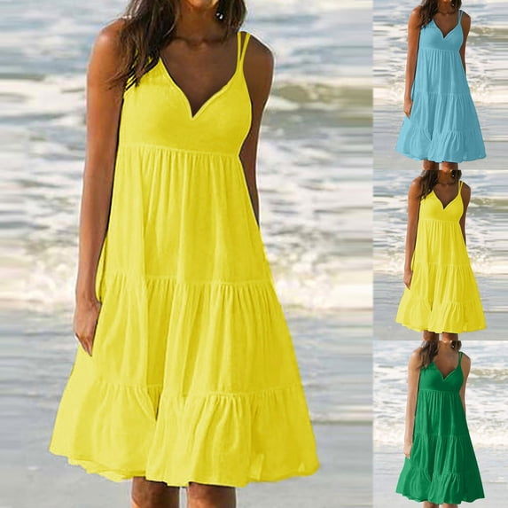 Azrian Summer Dresses 2023, Plus Size Women Dress Clearance Womens Fashion Holiday Summer Solid Color V Neck Sleeveless Party Beach Slip Dress