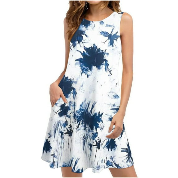 Azrian Summer Dresses Summer Dresses Women Beach Floral Sleeveless Sundress Casual Pockets Boho Dress