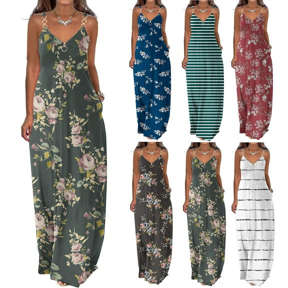 Azrian Summer Dresses Summer Dresses for Women Casual Boho Printed Hoop Sling Beach Long Maxi Dress with Pockets