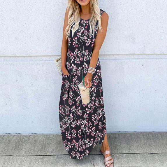 Azrian Summer Dresses Women Casual Loose Summer Printed Tank Dress Beach Sundress Crewneck Sleeveless Dresses