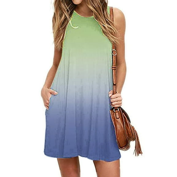 Azrian Summer Dresses Women Fashion Summer Casual Sleeveless Round-Neck Printing Dress Loose Dress