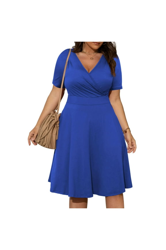 Summer Dresses Womens Casual Plus Size V-Neck Solid Short Sleeve Boho Dress Swing Dress With Pockets