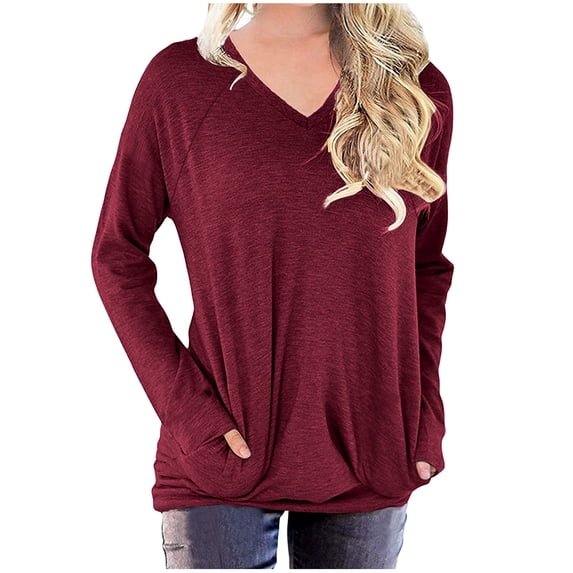Azrian Sweatshirts for Womens Clearance,Oversized Tshirts Shirts For Women Solid Workout Sweatshirts Casual Basic Long Sleeve Shirt Classic Crew V-Neck Tops Deal for Winter 2023 on Sale