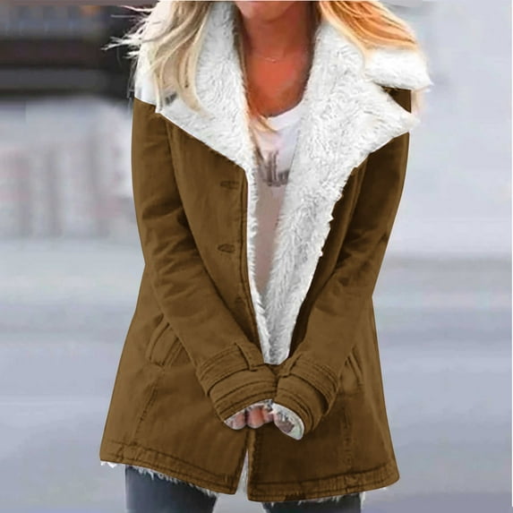 Azrian Winter Warm Composite Plush Button Lapels Jacket Outwear Coat Women's Winter Plus Size Warm Parka Coat with Hood