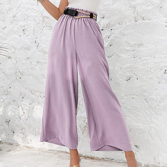 HWRETIE Women's Casual Linen Wide Leg Pants,Elastic Waist Drawstring Solid Color Lightweight Summer Trousers Work,Travel or Daily Wear